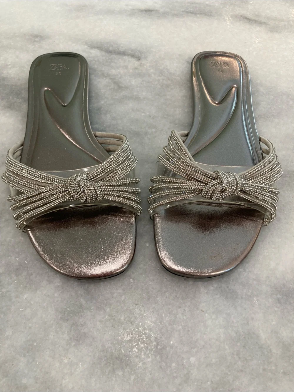 ZARA Silver Rhinestone Crystal Open Toe Flat Slide Sandals - Picture 3 of 14